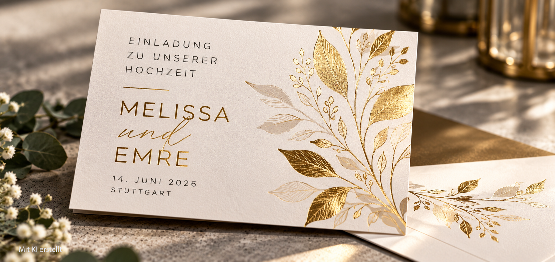 Elegante Hochzeitseinladung mit Goldfolien-Details