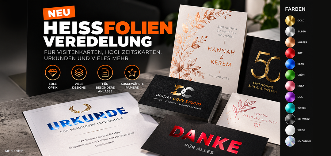 Gold- und Sonderfarben-Veredelung für Visitenkarten, Hochzeitskarten und Urkunden in Stuttgart